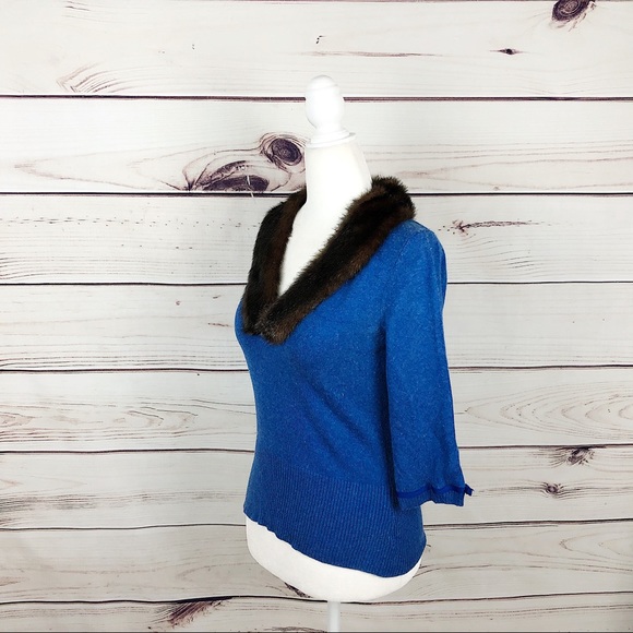 URCHIN Royal Blue Cashmere Faux Fur Collar Sweater - Picture 7 of 8